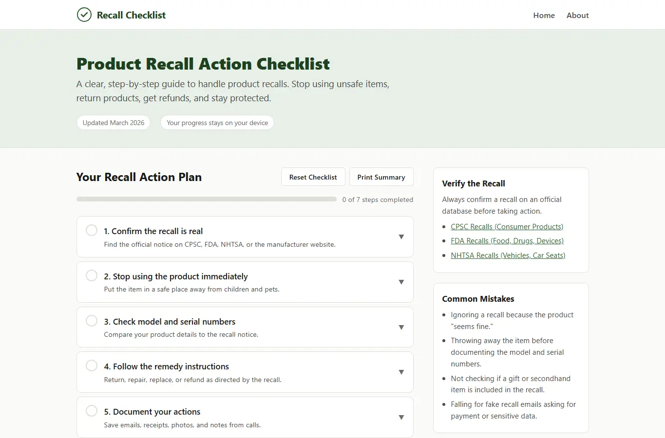 Screenshot of Product Recall Action Checklist interface showing the project page in use